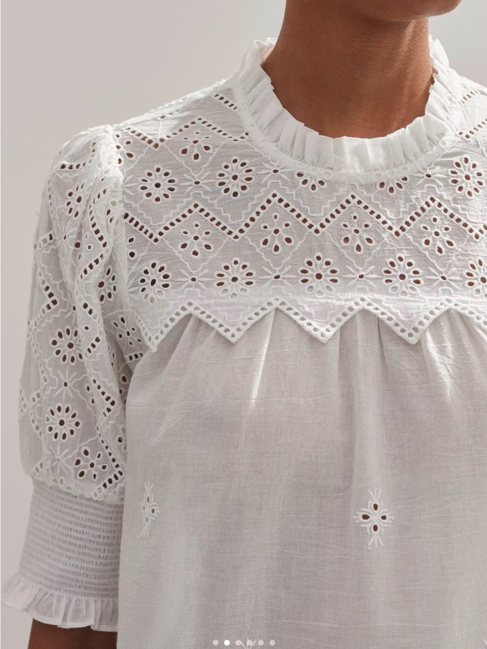 ME+EM White Eyelet Lace Cotton Blouse with Ruffle Neck - Picture 2 of 10